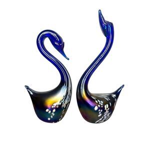 Vintage Iridescent Cobalt Blue Hand Blown Glass Swan Art Set of 2 Figurines
